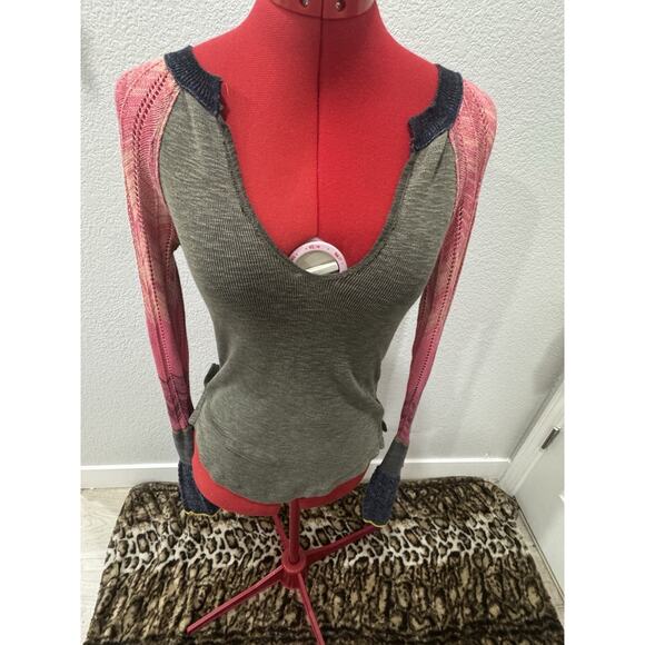 FREE PEOPLE Moss Green Heathered Sunshine Cotton Thermal Bell Cuff Boho Top - Picture 1 of 7